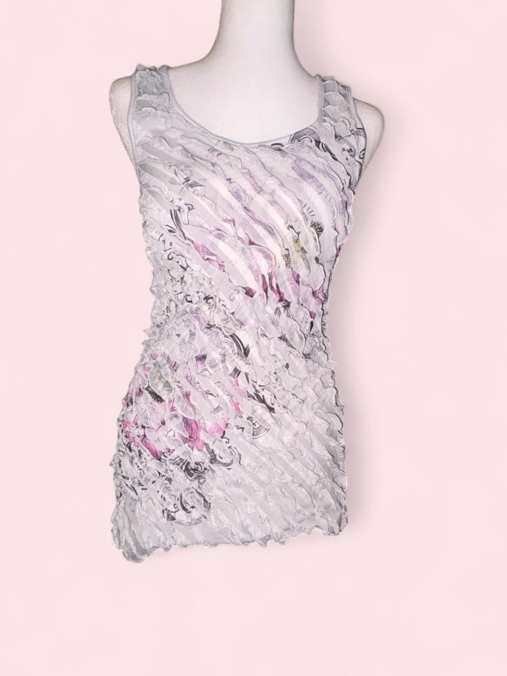 Weavers Layered Ruffle Tank in Gray with Purple Floral Accents-Small